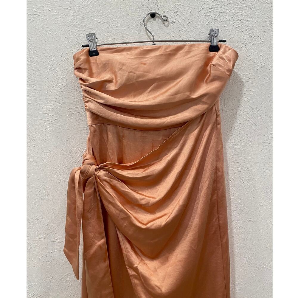 Selfie Leslie Strapless Wrap Midi Satin Dress Orange Peach NEW - Picture 2 of 5